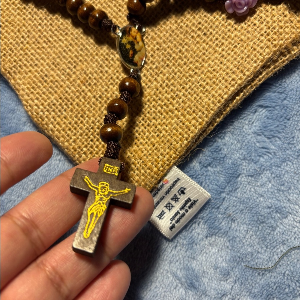 Brown 7-bead rosary of Saint Joseph Brown Necklace, Purple Accents. NWOT #004 - Picture 7 of 11